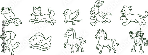 Whimsical lineup of animated creatures and a robot in motion