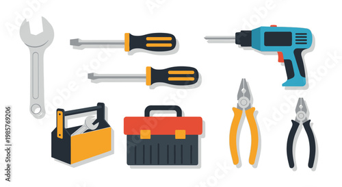 Collection of various hand tools and equipment for construction and repair on white background