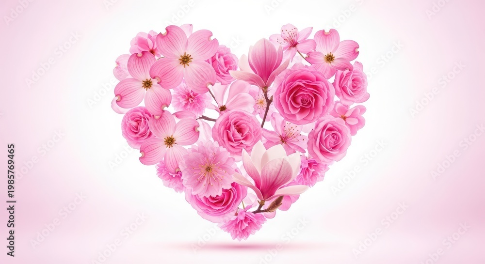 Fototapeta premium Soft pink heart-shaped bouquet of fresh peonies and roses on pastel background, flowers