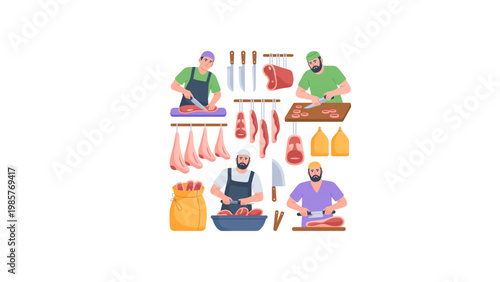 Colorful assortment of groceries and shopping bags with people shopping Vector