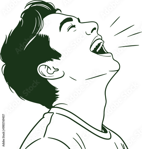 A person singing passionately with an open mouth and raised head
