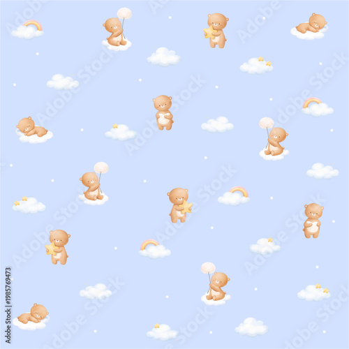 Seamless watercolor pattern with teddy bears, clouds, stars and rainbows on blue background. Suitable for textile design, wrapping paper, wallpaper, nursery products and baby related graphics.