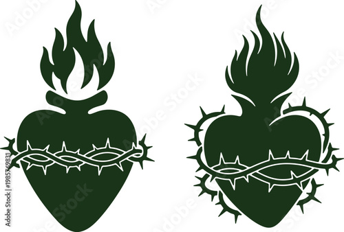 Sacred hearts with flames and thorns crowns in black and white silhouette art