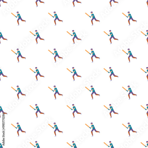 Cricket batsman cartoon figures running with a bat forming a repeating pattern on white