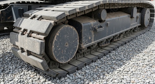 Close up of heavy metal continuous tracks on construction vehicle.