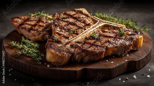 Grilled T-Bone Steak on a Wooden Board / 木製ボードに乗ったグリルTボーンステーキ