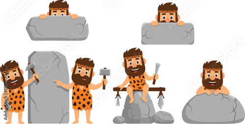 Caveman Character Set Holding Blank Stone Tablets for Prehistoric Announcements Marketing Displays Ancient History Education and Creative Social Media Advertising Designs