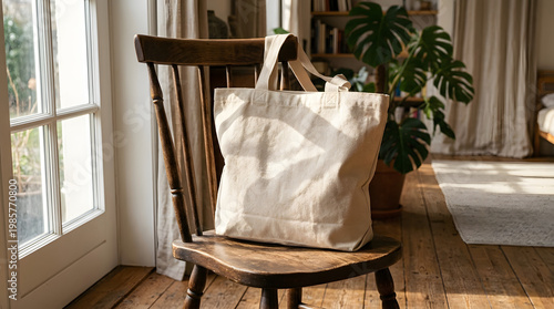 A simple beige canvas tote bag rests on a rustic wooden chair in a sunlit room.