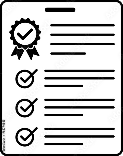 Certificate icon set. Documents and analyst checklists, check mark tick. Management, strategic planning. Vector illustration.