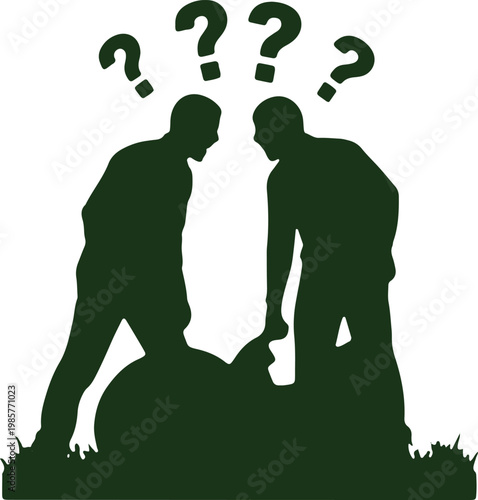 Two individuals standing closely with questioning thought bubbles above their heads