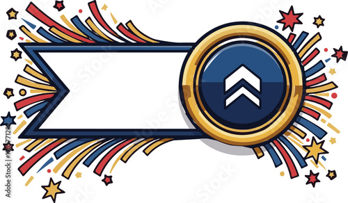 Decorative illustration of a festive banner with an upward pointing chevron icon in a golden badge, celebrating achievement or progress.