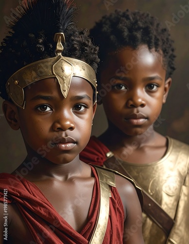 Two young boys dressed in ancient attire