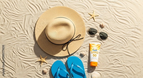 Beach vacation, summer accessories, hat, flip flops, sandals, sunscreen, starfish, seashells, coastal getaway