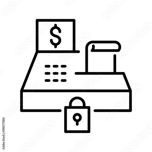 Cash register security icon. Business and point of sale line symbol. Black and white.