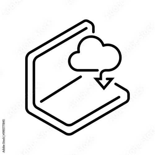 Cloud download icon. Technology and cloud storage line symbol. Black and white.