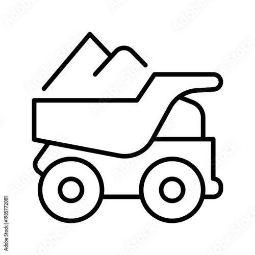 Dump truck icon. Industry and construction vehicle line symbol. Black and white.