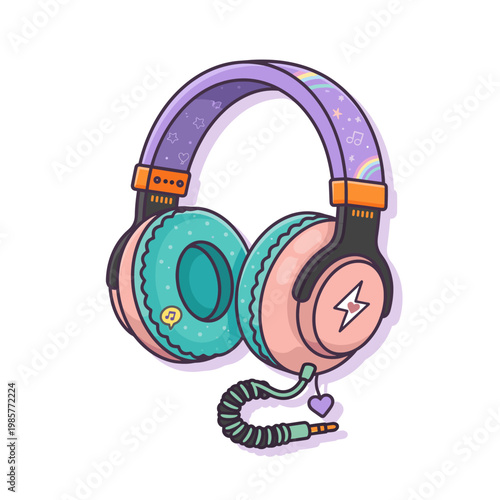 A vibrant and playful pair of cartoon headphones with a rainbow and musical notes on the band, and a lightning bolt and music note on the earcups.