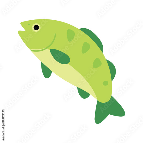 A cartoon fish is light green with dark green fins, and it swims in a slight curve with its mouth open in illustration form.