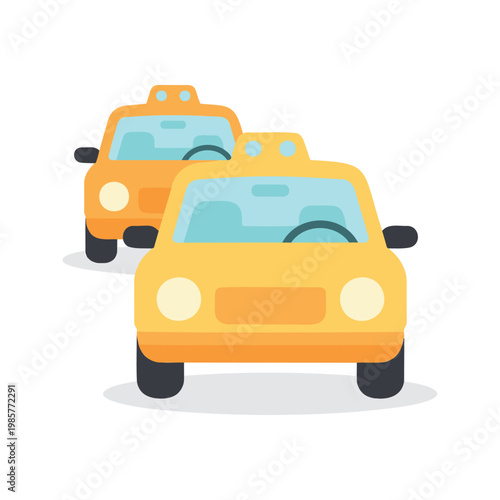 Two simplified yellow taxis are facing forward with black tires and light blue windshields in this transportation illustration that uses clean lines.