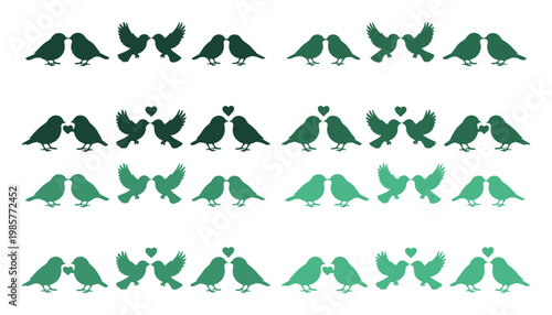 Set of 32 Green Bird Silhouettes with Hearts Vector isolated PNG with Transparent Background