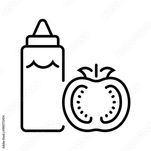 Ketchup bottle icon. Food and condiment line symbol. Black and white.
