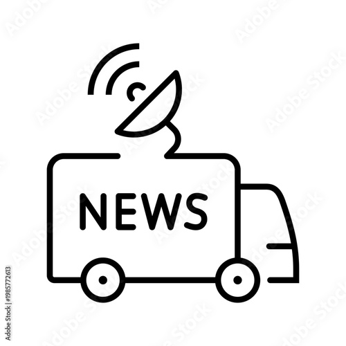 News van icon. Transport and broadcasting line symbol. Black and white.