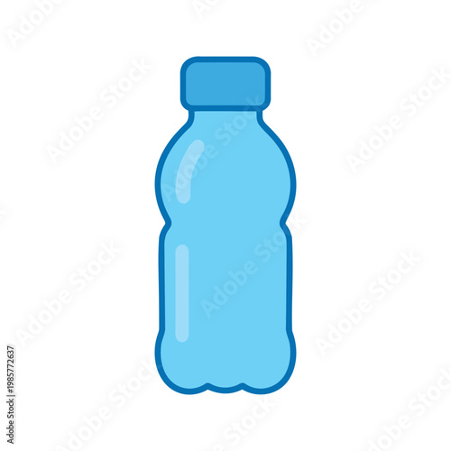 Plastic bottle in light blue with dark blue border is depicted, which usually contains water or other drinks and is a single-use item.