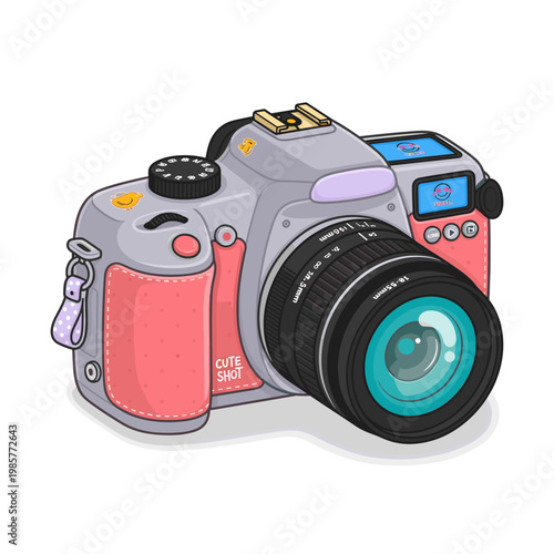 A cute and colorful cartoon camera with "CUTE SHOT" written on its pink grip.