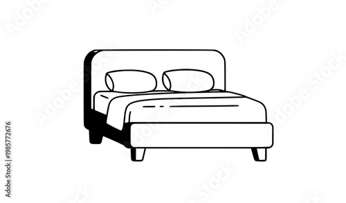 Modern bed with pillows and blanket line art vector icon design on white