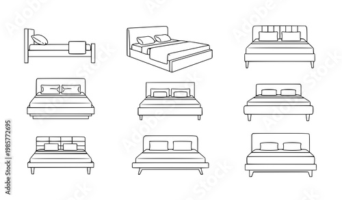 Bed with pillows and blanket line art vector icon set on white background