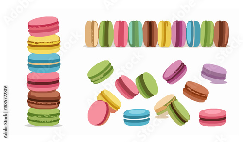 Macarons dessert vector set with varied presentation styles on white background