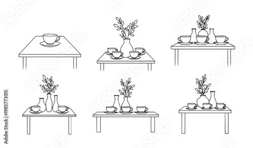 Table with tea cups and vase line art vector icon set on white background