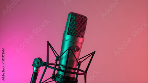 Studio condenser microphone on a stand with vibrant pink and blue dual tone lighting background