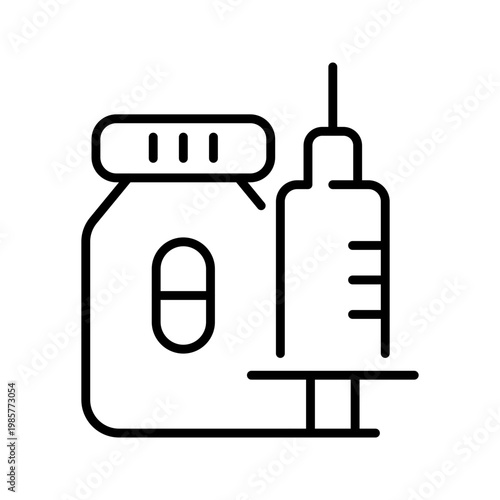 Syringe injection icon. Healthcare and injection line symbol. Black and white.