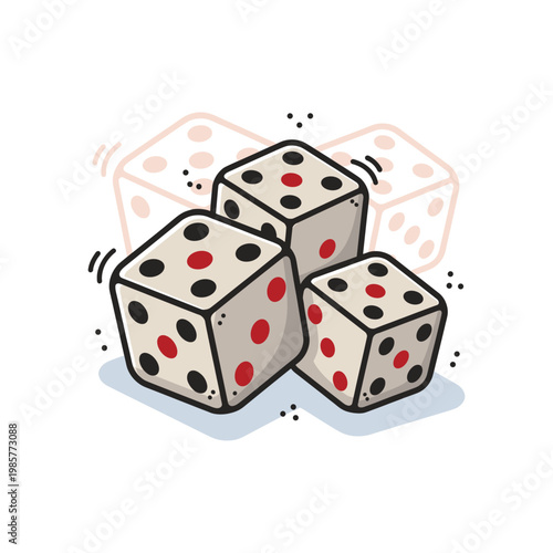 A stylized illustration of three white dice with black and red pips, appearing to tumble, with faded dice in the background suggesting motion.