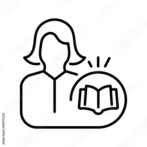Woman reader icon. Education and reading line symbol. Black and white.
