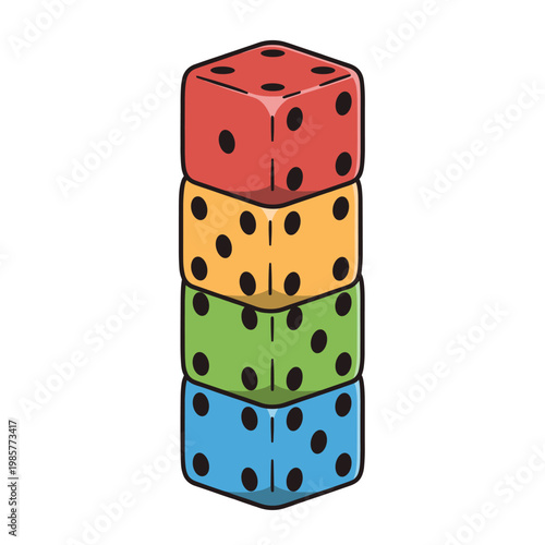 A vibrant stack of four dice, each a different color, showcasing various numbers on their visible faces.