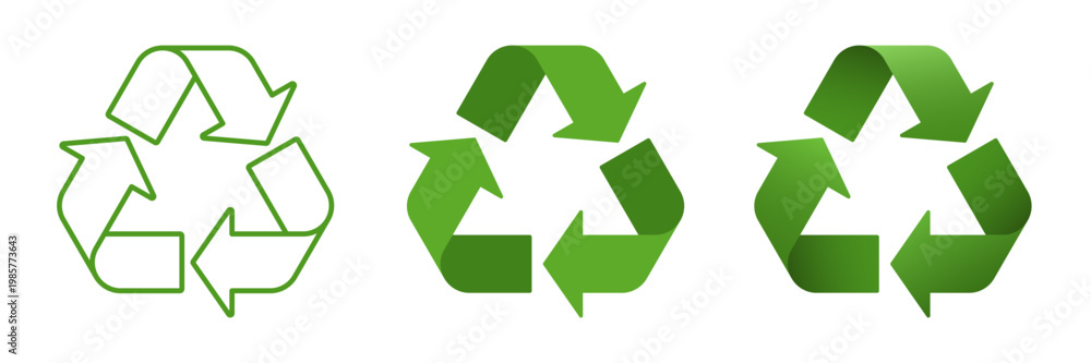 Fototapeta premium Eco green recycle symbol set, triangle triple arrow for waste sorting, line, flat, 3D effect. Vector