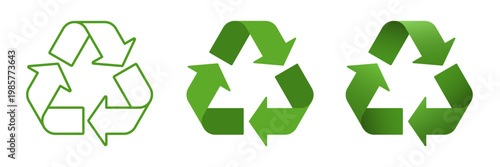 Eco green recycle symbol set, triangle triple arrow for waste sorting, line, flat, 3D effect. Vector