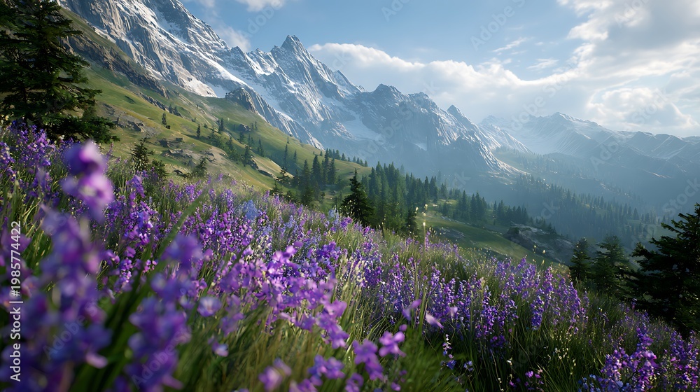 Obraz premium Alpine Meadow with Purple Wildflowers and Snowy Peaks / 紫の野花と雪山が広がるアルプスの牧草地
