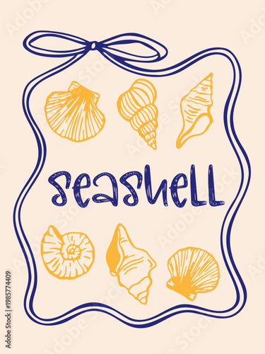 A poster featuring hand-drawn seashells in a minimalist line style. Perfect for coastal interiors, beach wedding invitations, spa design, cosmetics, packaging, and textiles.