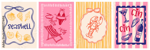 A set of hand-drawn posters featuring lobster, shells, wine, and beach elements. Perfect for restaurant menus, seafood branding, beachside cafes, packaging, and advertising.