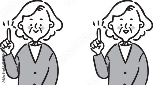 人差し指を立てて説明するおばあさん　上半身　ベクター（モノクロ）