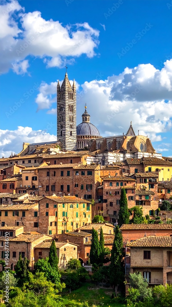 Naklejka premium A scenic view showcases a grand cathedral dominating a cityscape of terracotta-roofed buildings under a partly cloudy sky