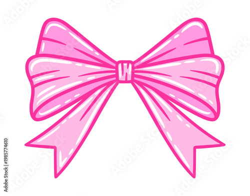 Coquette bow illustration. Cute pink hand drawn ribbon. Doodle retro lace. Ideal for birthday, wedding, Valentine's gift in vintage style, baby shower decoration, girl romantic design.