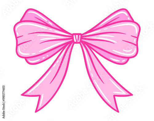 Coquette bow hand drawn. Cute pink tied ribbon, drawing illustration. Doodle retro lace. Ideal for birthday, wedding, Valentine's gift in vintage style, baby shower decoration, girl romantic design.
