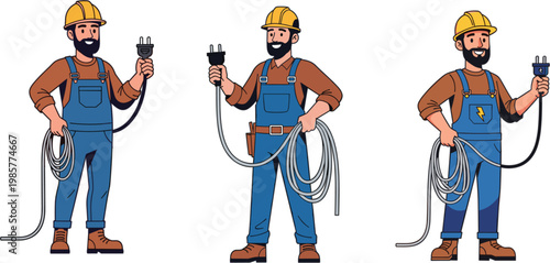 Professional Electrician Character Set Wearing Safety Helmet And Overalls Holding Electric Cable Wire And Plug For Electrical Service Maintenance Work