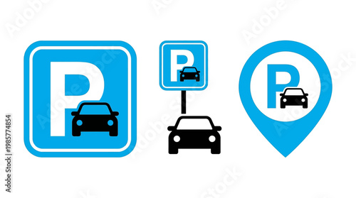 Blue parking signs and locator icons featuring a car symbol for parking guidance and navigation, vector illustration set