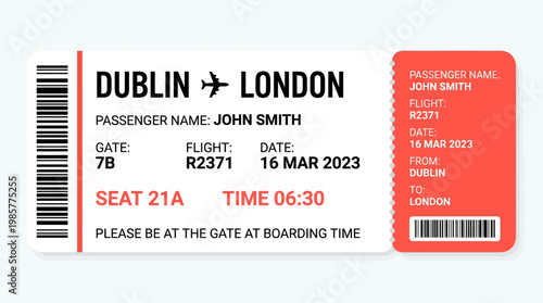 Dublin to London boarding pass for John Smith, seat 21A, gate 7B, dated March 16, 2023.