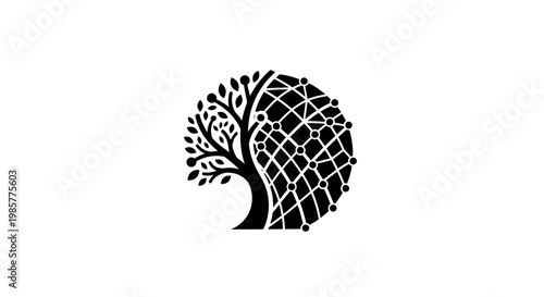 Tree silhouette with leafy branches and globe.